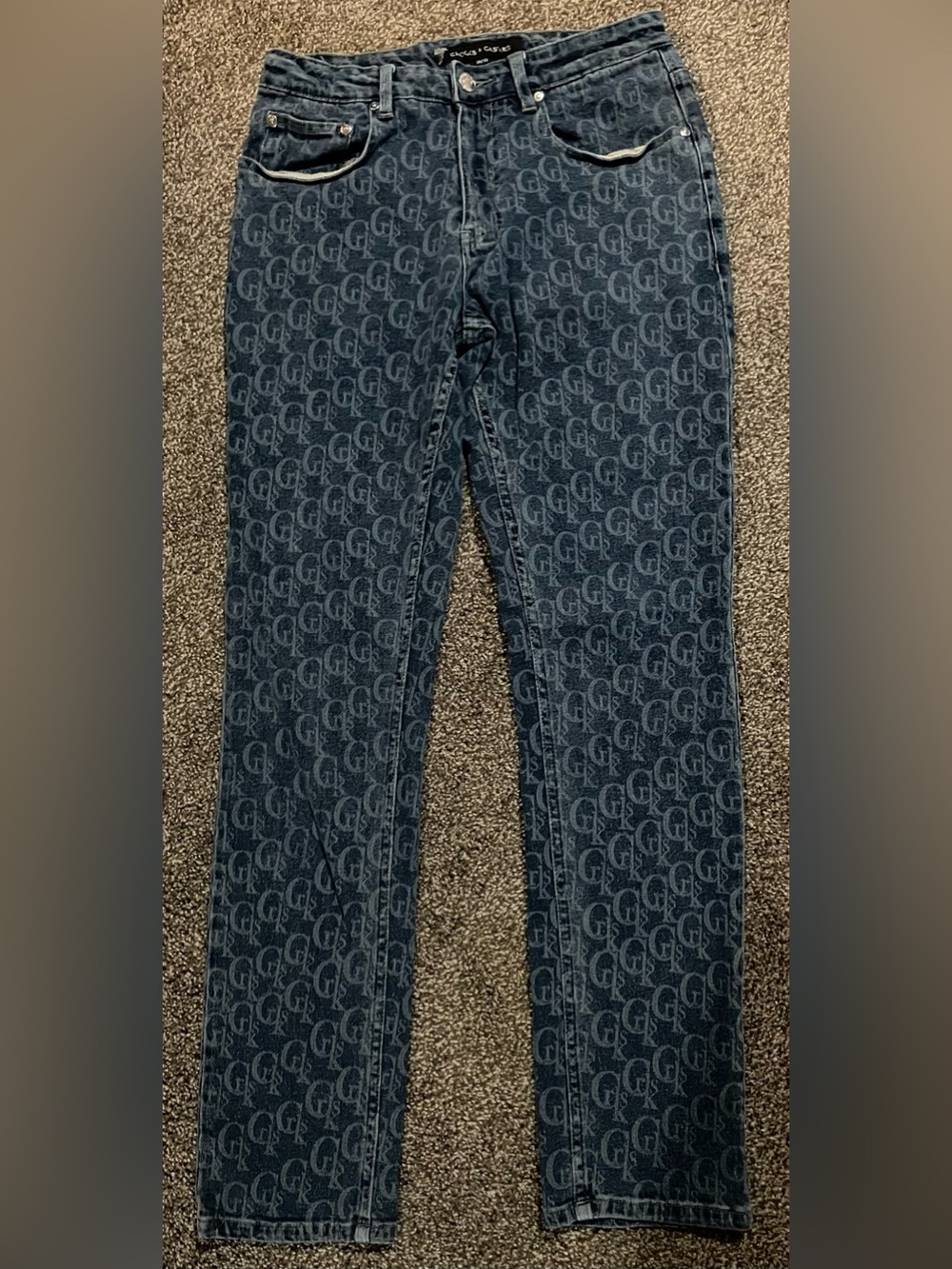Crooks & Castles Dark Blue Logo-Print Skinny Jeans